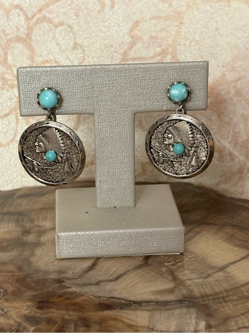 Sterling Silver Larimar Indian Head Native American Earrings - Picture 1 of 6